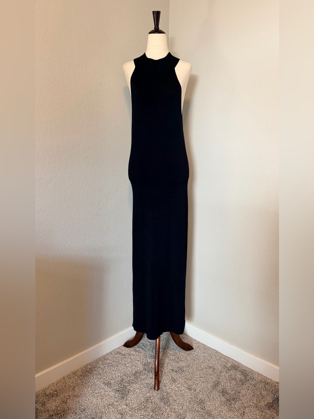 Robert Rodriguez Ribbed Halter High Neck Maxi Dress - Black, Size L